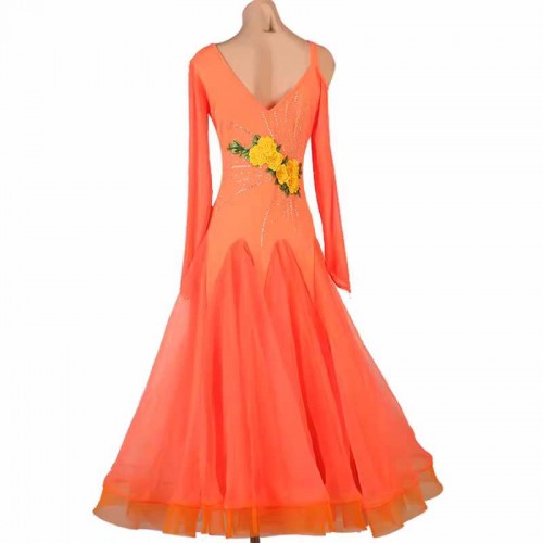 Orange competition ballroom dance dresses for women girls Embroidered flowers waltz tango foxtrot rhythm smooth dancing long gown for female